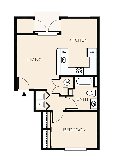 Floor plan for 1 bed, 1 bath, 652 sqft